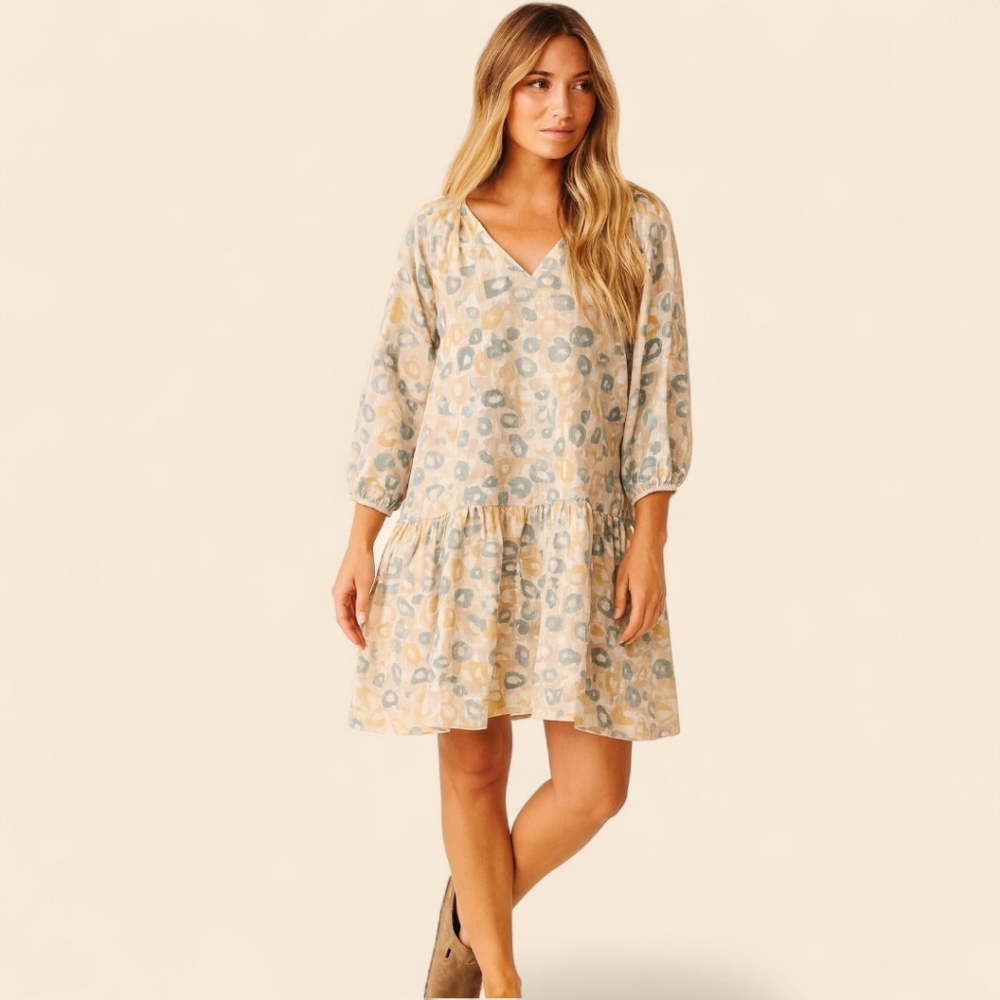 ABLE Hannah Raglan Dress‎ M Leopard Print Lagenlook Boho Cotton Babydoll